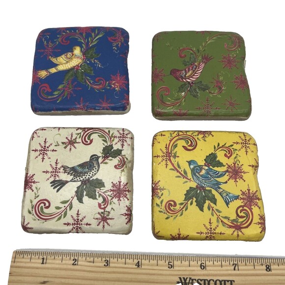 New 4 Coldwater Creek Holiday Collection HOLLY BIRD COASTERS Rustic Christmas - Picture 2 of 15